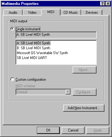 Multimedia properties, MIDI tab, options for MIDI output:  A: SB Live! MIDI Synth; B: SB Live! MIDI Synth; Microsoft GS Wavetable SW Synth; SB Live! MIDI UART