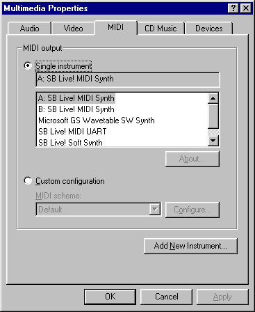Multimedia properties, MIDI tab, options for MIDI output:  A: SB Live! MIDI Synth; B: SB Live! MIDI Synth; Microsoft GS Wavetable SW Synth; SB Live! MIDI UART; SB Live! Soft Synth